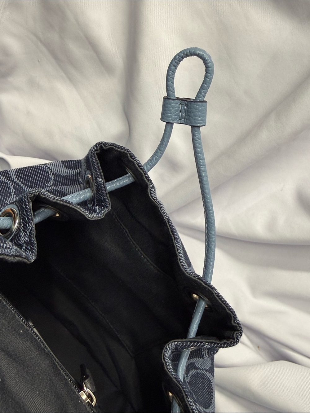 (new+tag) Coach Mini Backpack Denim Leather Light Blue /Navy Signature Monogram - Picture 13 of 15